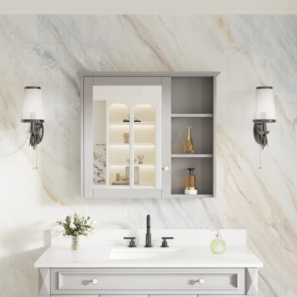 Forclover Assembled Solid Wood 34-in x 30-in Surface Mount Gray Mirrored Soft Close Medicine Cabinet