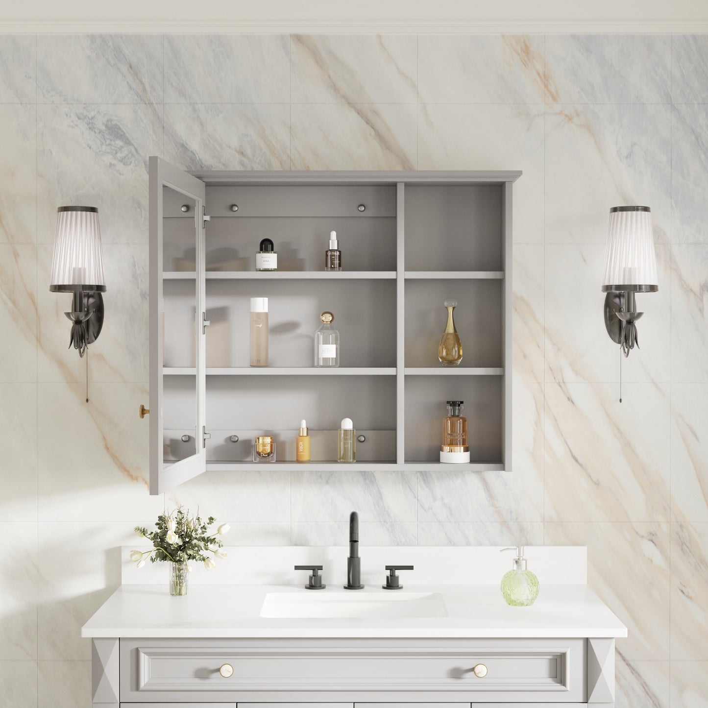 Forclover Assembled Solid Wood 34-in x 30-in Surface Mount Gray Mirrored Soft Close Medicine Cabinet
