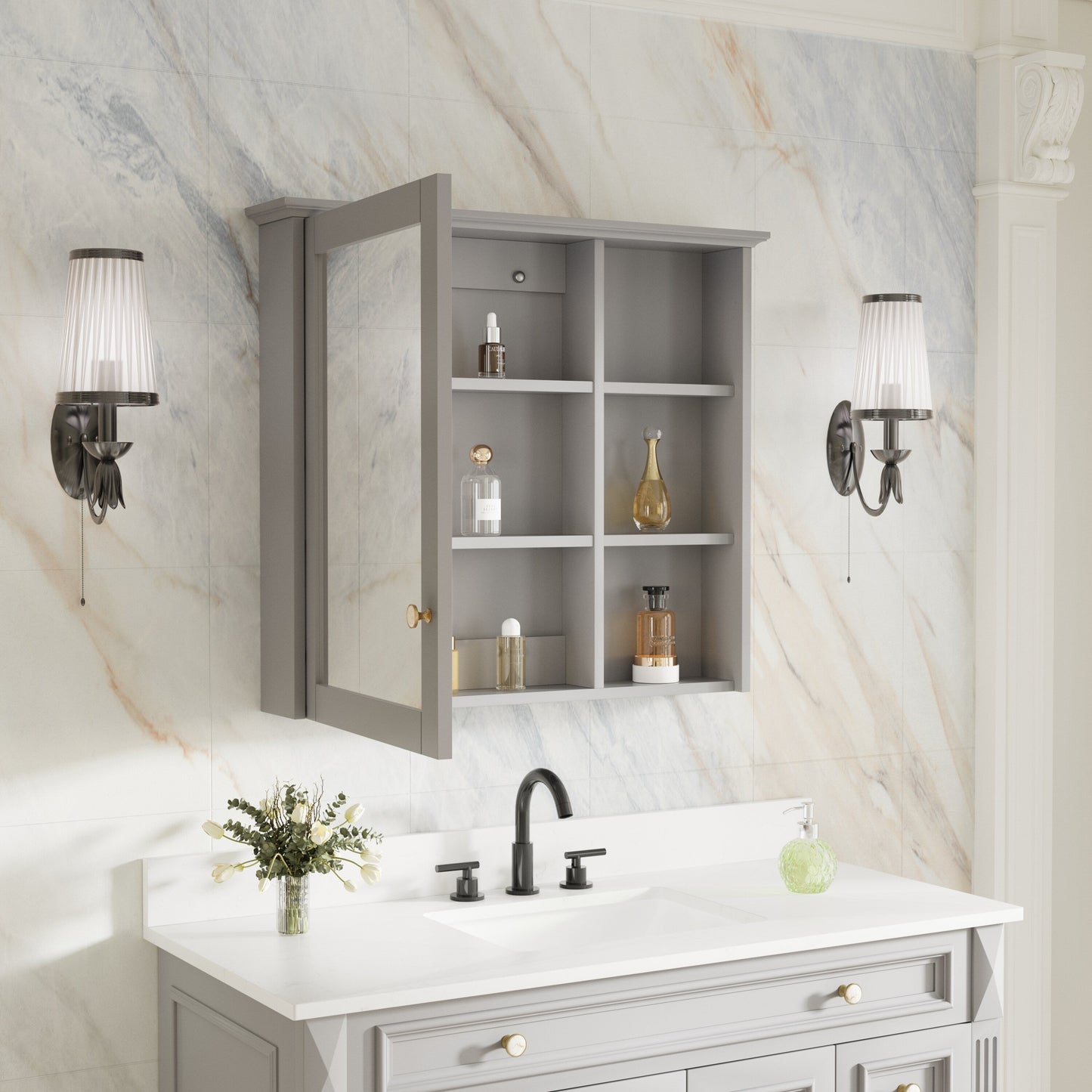 Forclover Assembled Solid Wood 34-in x 30-in Surface Mount Gray Mirrored Soft Close Medicine Cabinet