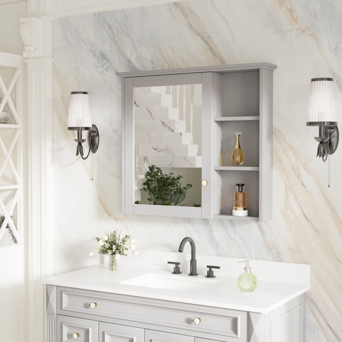 Forclover Assembled Solid Wood 34-in x 30-in Surface Mount Gray Mirrored Soft Close Medicine Cabinet