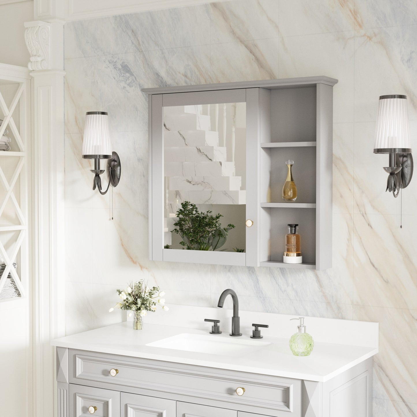 Forclover Assembled Solid Wood 34-in x 30-in Surface Mount Gray Mirrored Soft Close Medicine Cabinet