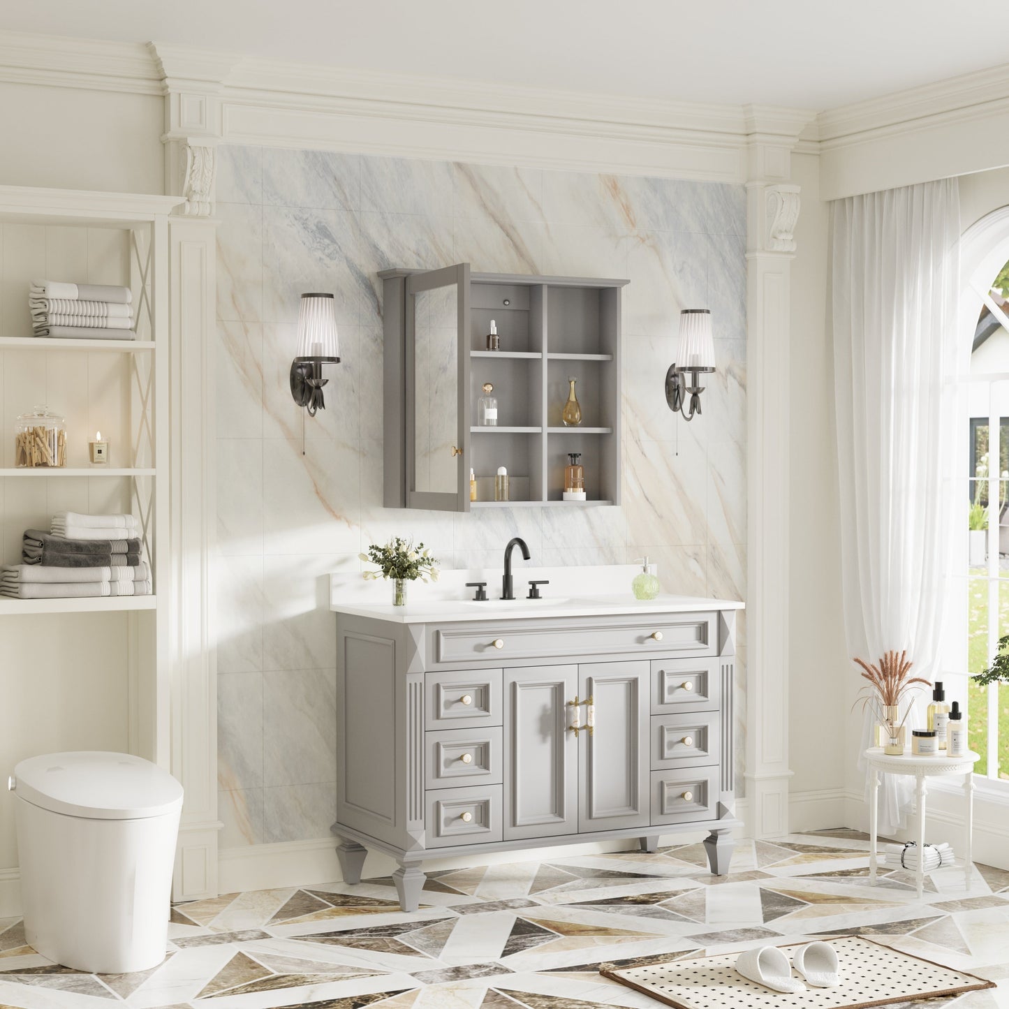 Forclover Assembled Solid Wood 34-in x 30-in Surface Mount Gray Mirrored Soft Close Medicine Cabinet