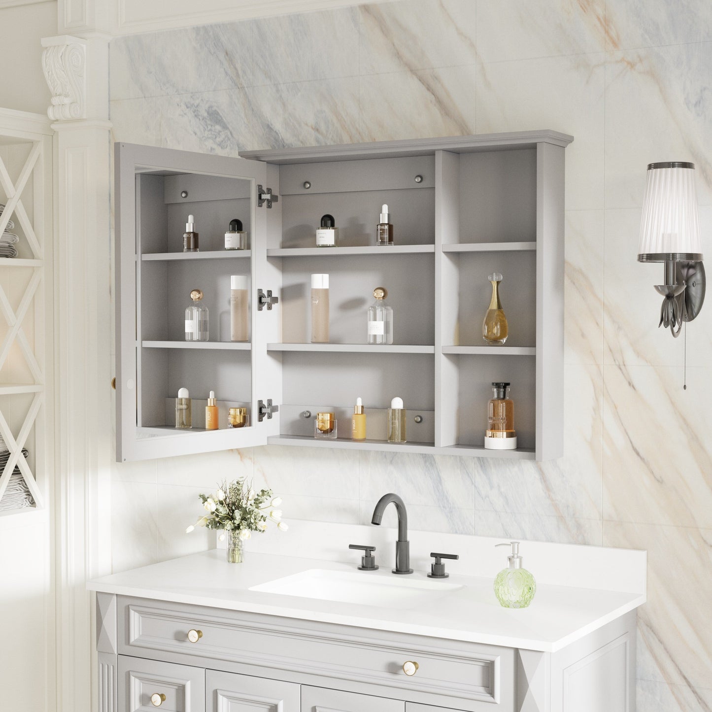 Forclover Assembled Solid Wood 34-in x 30-in Surface Mount Gray Mirrored Soft Close Medicine Cabinet