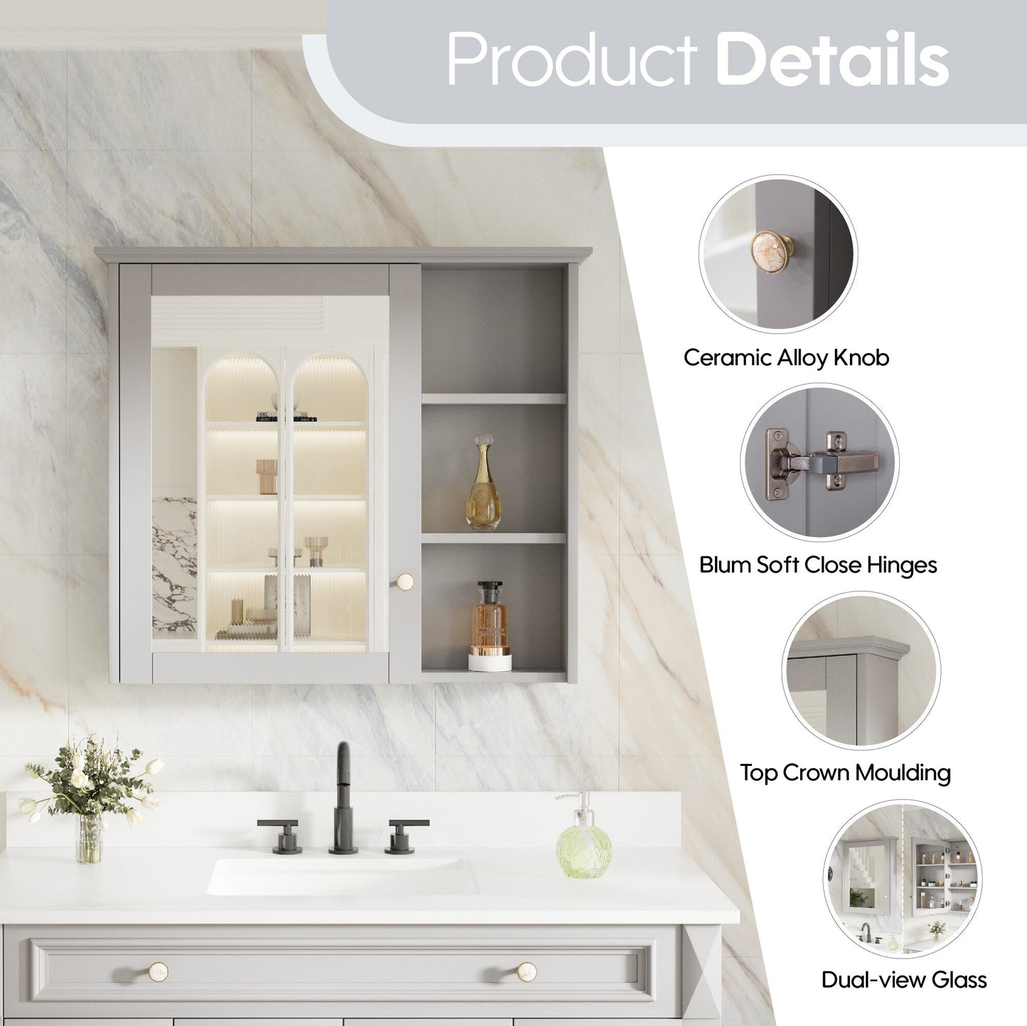 Forclover Assembled Solid Wood 34-in x 30-in Surface Mount Gray Mirrored Soft Close Medicine Cabinet