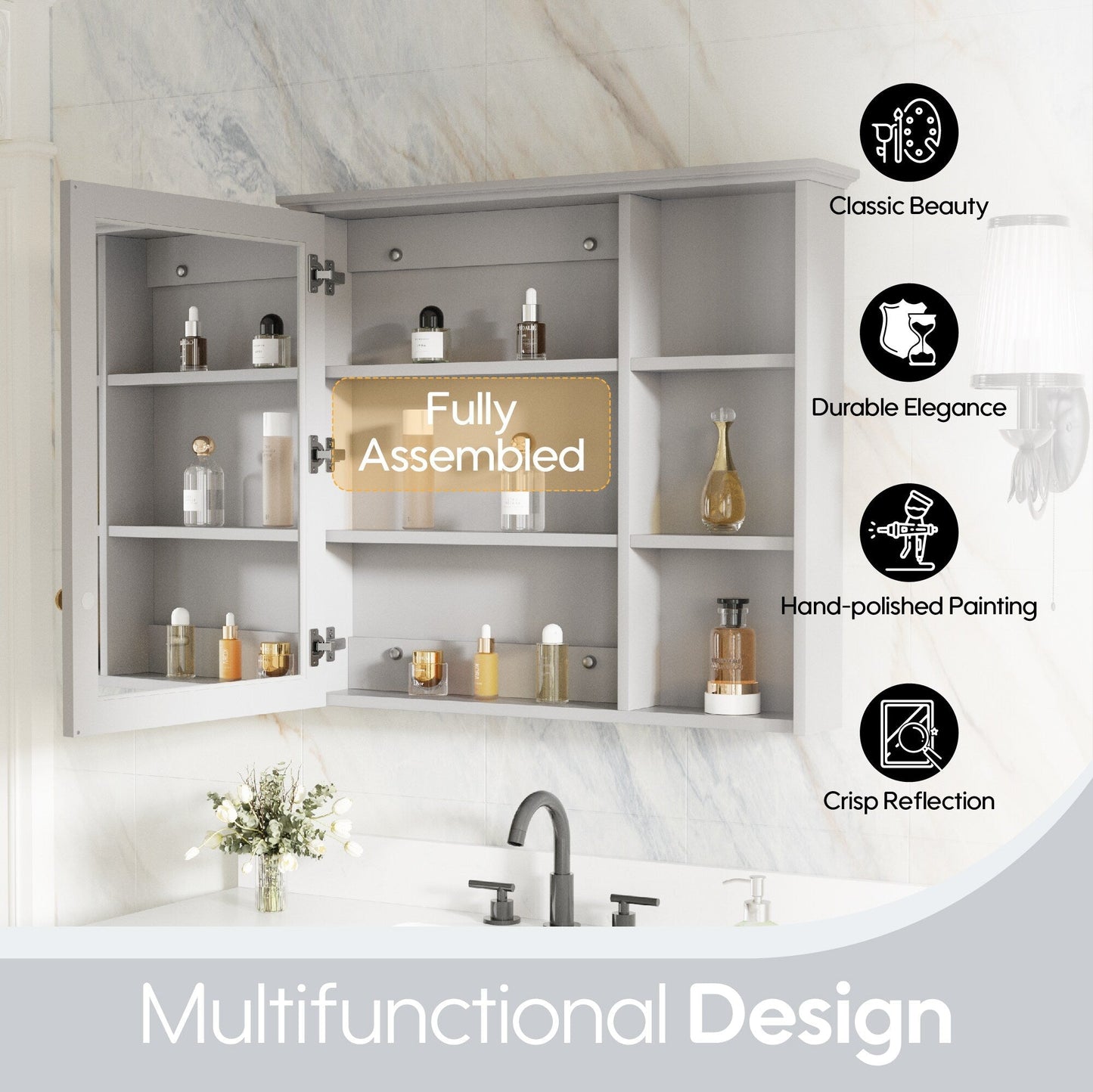 Forclover Assembled Solid Wood 34-in x 30-in Surface Mount Gray Mirrored Soft Close Medicine Cabinet