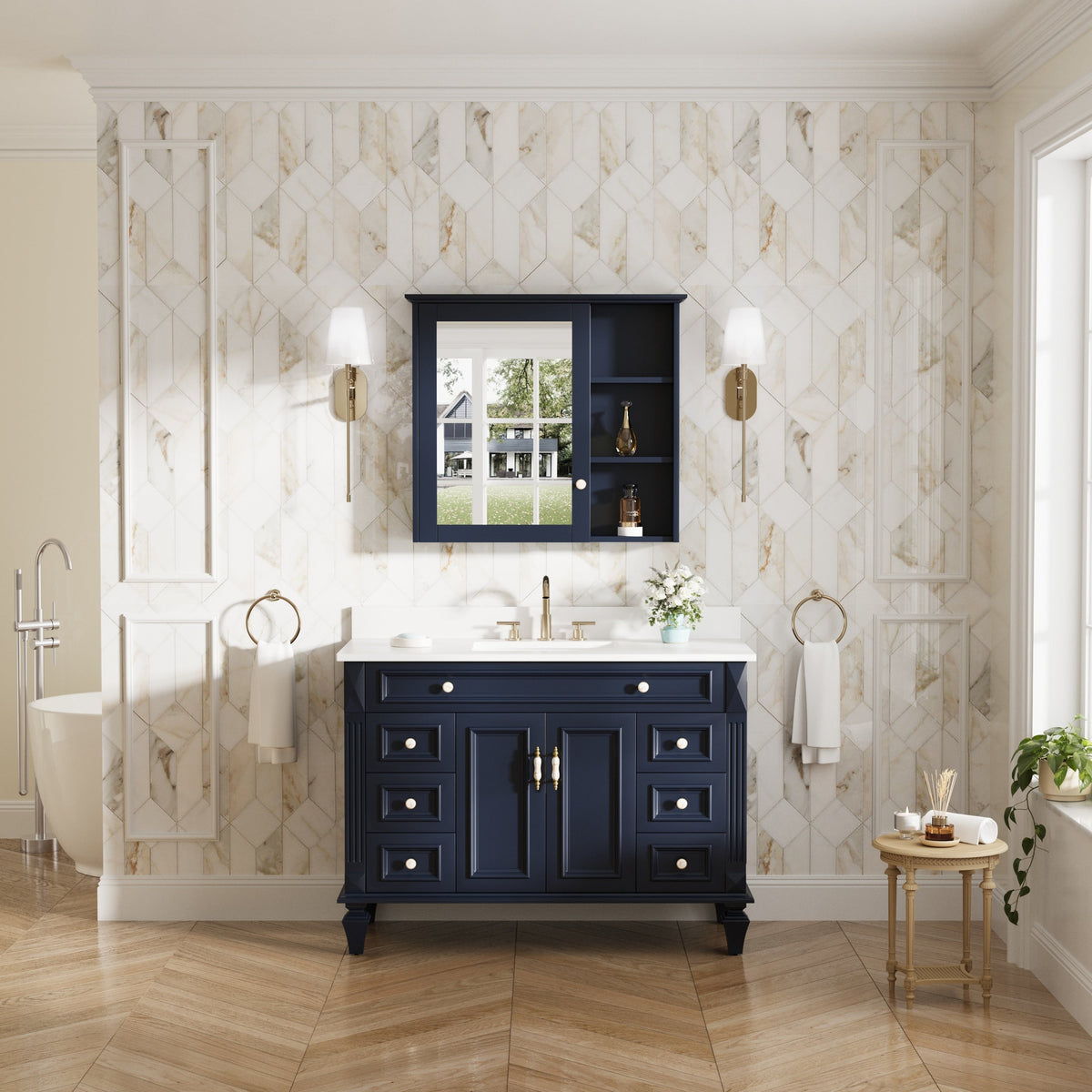 Forclover Assembled Solid Wood 34-in x 30-in Surface Mount Navy Blue Mirrored Soft Close Medicine Cabinet