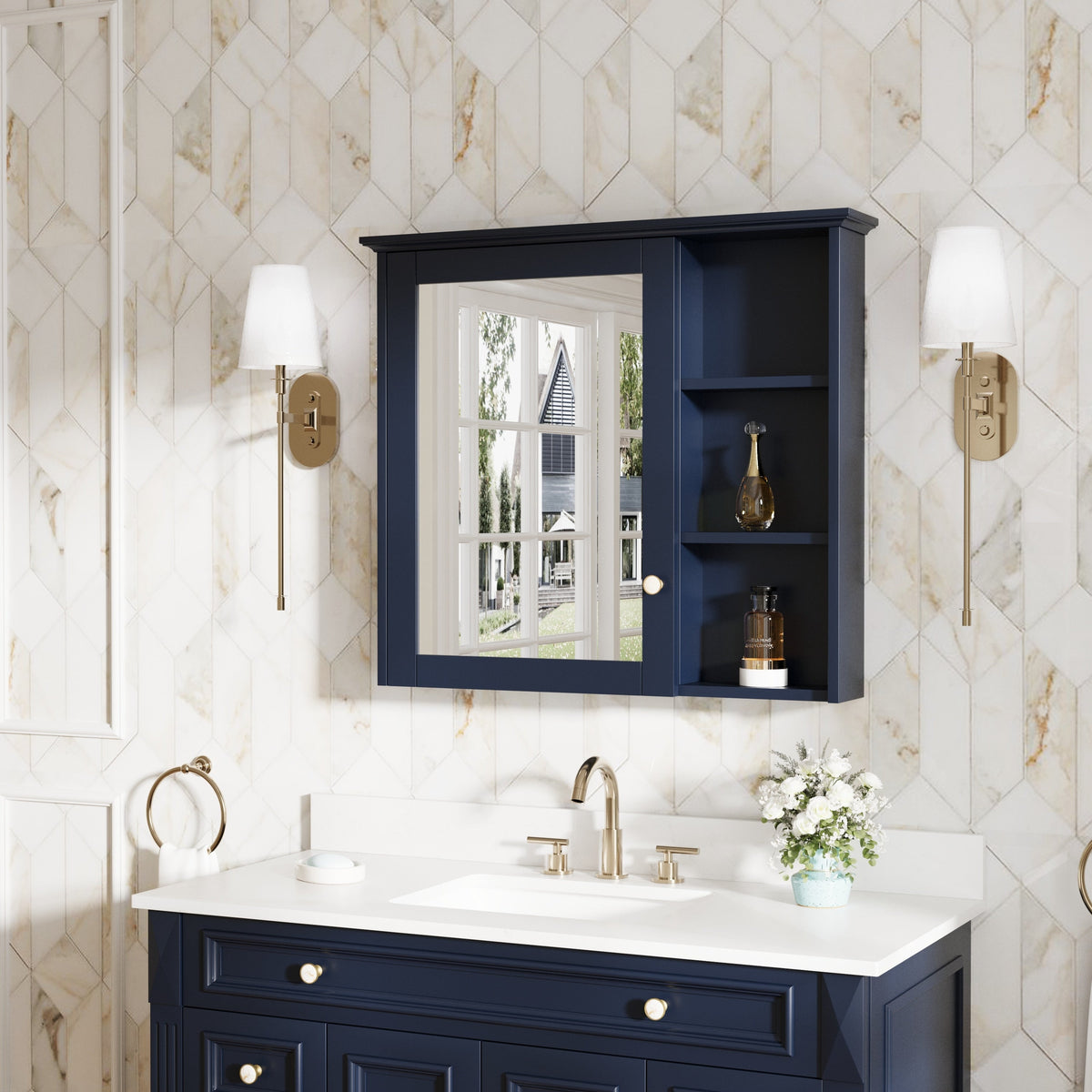 Forclover Assembled Solid Wood 34-in x 30-in Surface Mount Navy Blue Mirrored Soft Close Medicine Cabinet