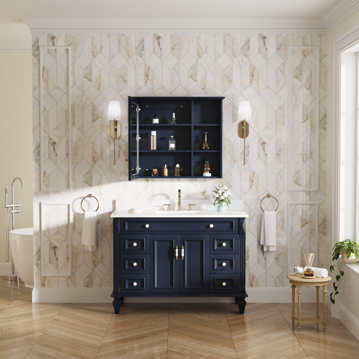 Forclover Assembled Solid Wood 34-in x 30-in Surface Mount Navy Blue Mirrored Soft Close Medicine Cabinet