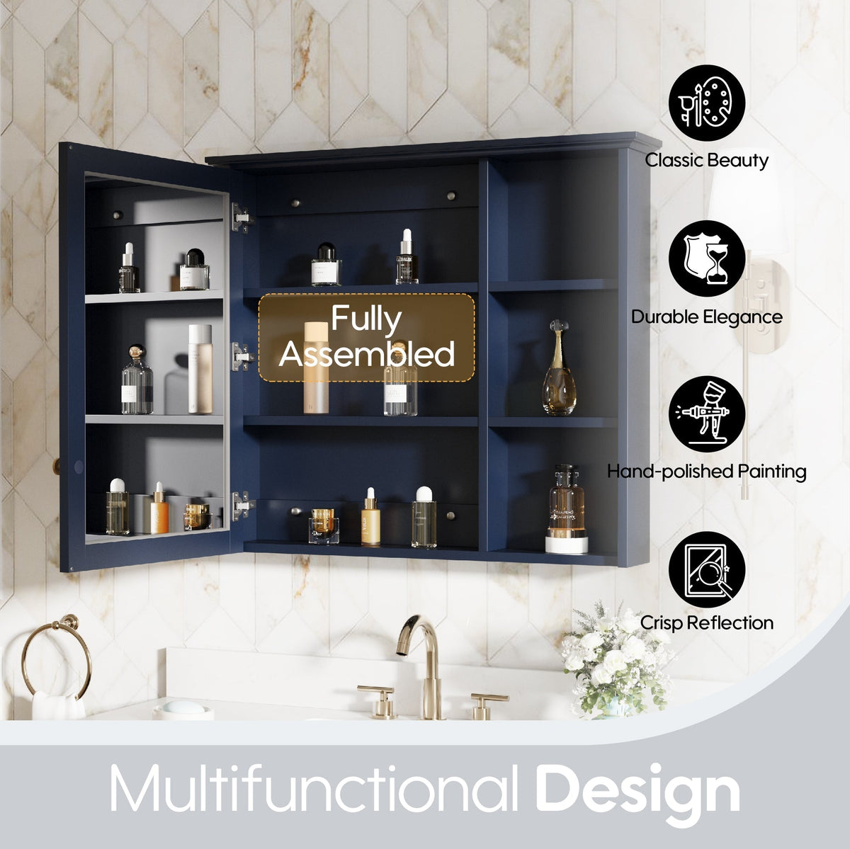 Forclover Assembled Solid Wood 34-in x 30-in Surface Mount Navy Blue Mirrored Soft Close Medicine Cabinet