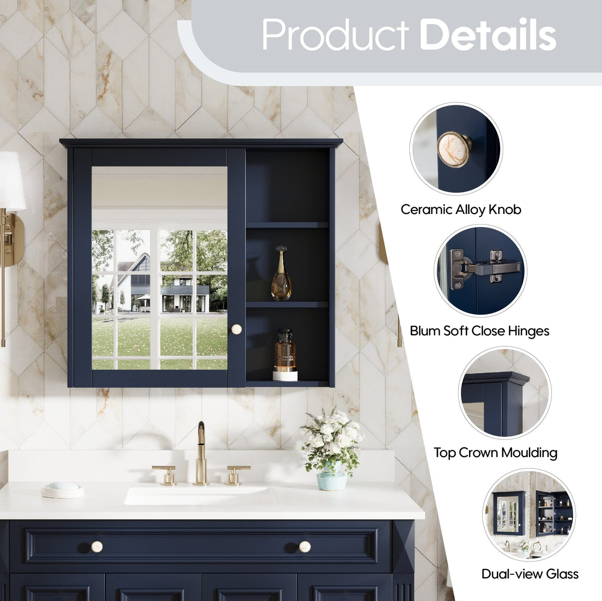 Forclover Assembled Solid Wood 34-in x 30-in Surface Mount Navy Blue Mirrored Soft Close Medicine Cabinet