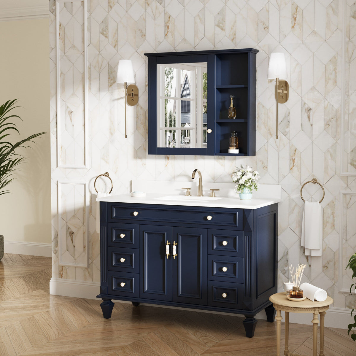 Forclover Assembled Solid Wood 34-in x 30-in Surface Mount Navy Blue Mirrored Soft Close Medicine Cabinet