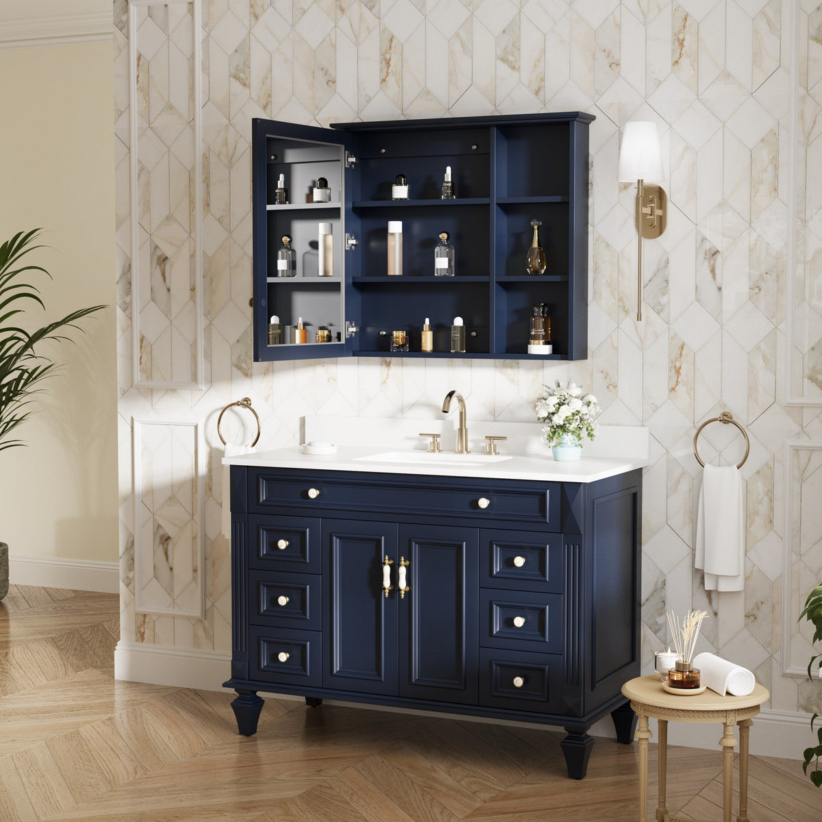 Forclover Assembled Solid Wood 34-in x 30-in Surface Mount Navy Blue Mirrored Soft Close Medicine Cabinet
