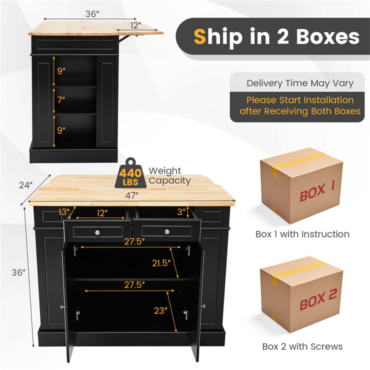 BABOOM Black Mdf Base with Mdf Wood Top Rolling Kitchen Island (36 x 47 x 36)