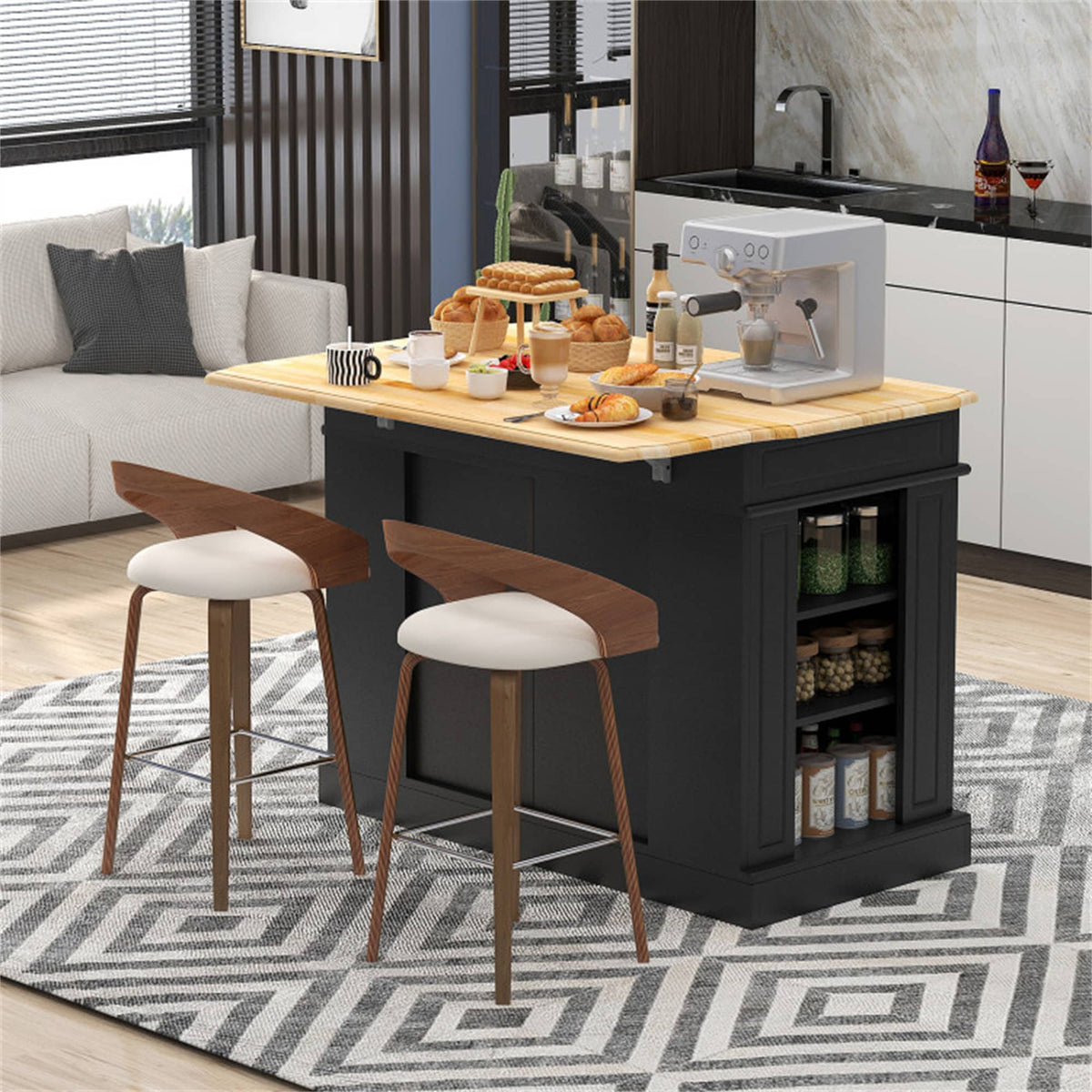 BABOOM Black Mdf Base with Mdf Wood Top Rolling Kitchen Island (36 x 47 x 36)
