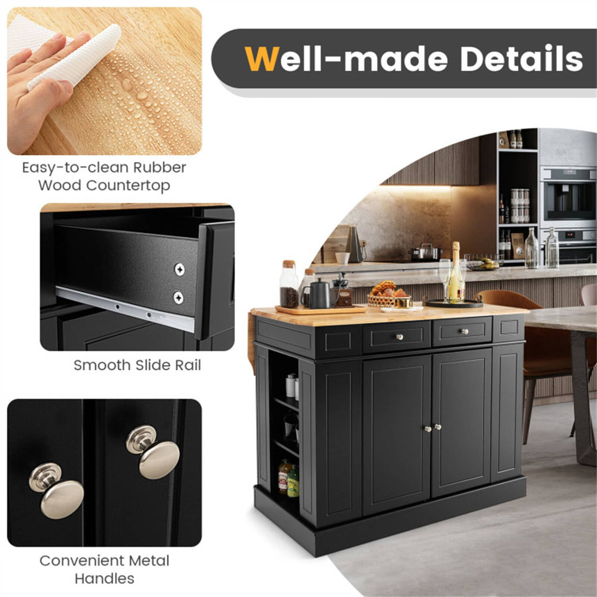 BABOOM Black Mdf Base with Mdf Wood Top Rolling Kitchen Island (36 x 47 x 36)