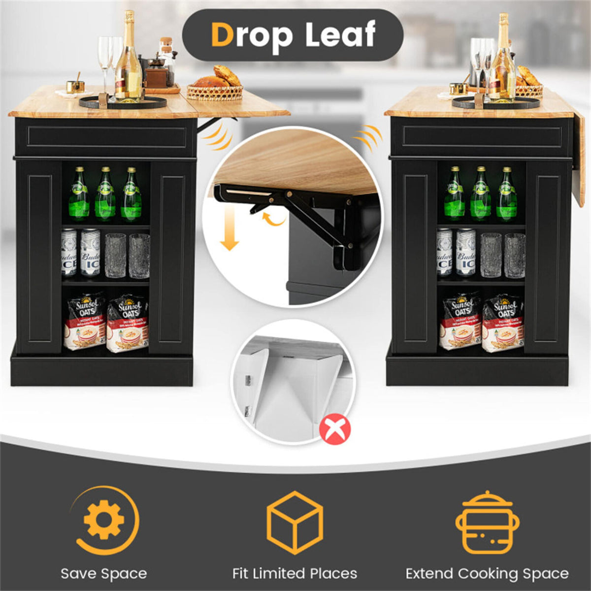 BABOOM Black Mdf Base with Mdf Wood Top Rolling Kitchen Island (36 x 47 x 36)