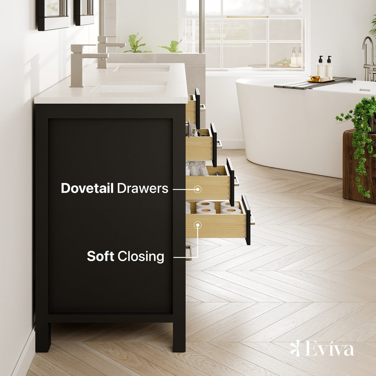 Eviva London 60 in. W x 18 in. D x 34 in. H Espresso Double Bathroom Vanity with White Carrara Marble Top and White Undermount Sinks