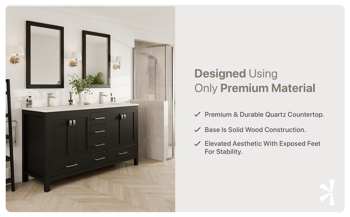 Eviva London 60 in. W x 18 in. D x 34 in. H Espresso Double Bathroom Vanity with White Carrara Marble Top and White Undermount Sinks