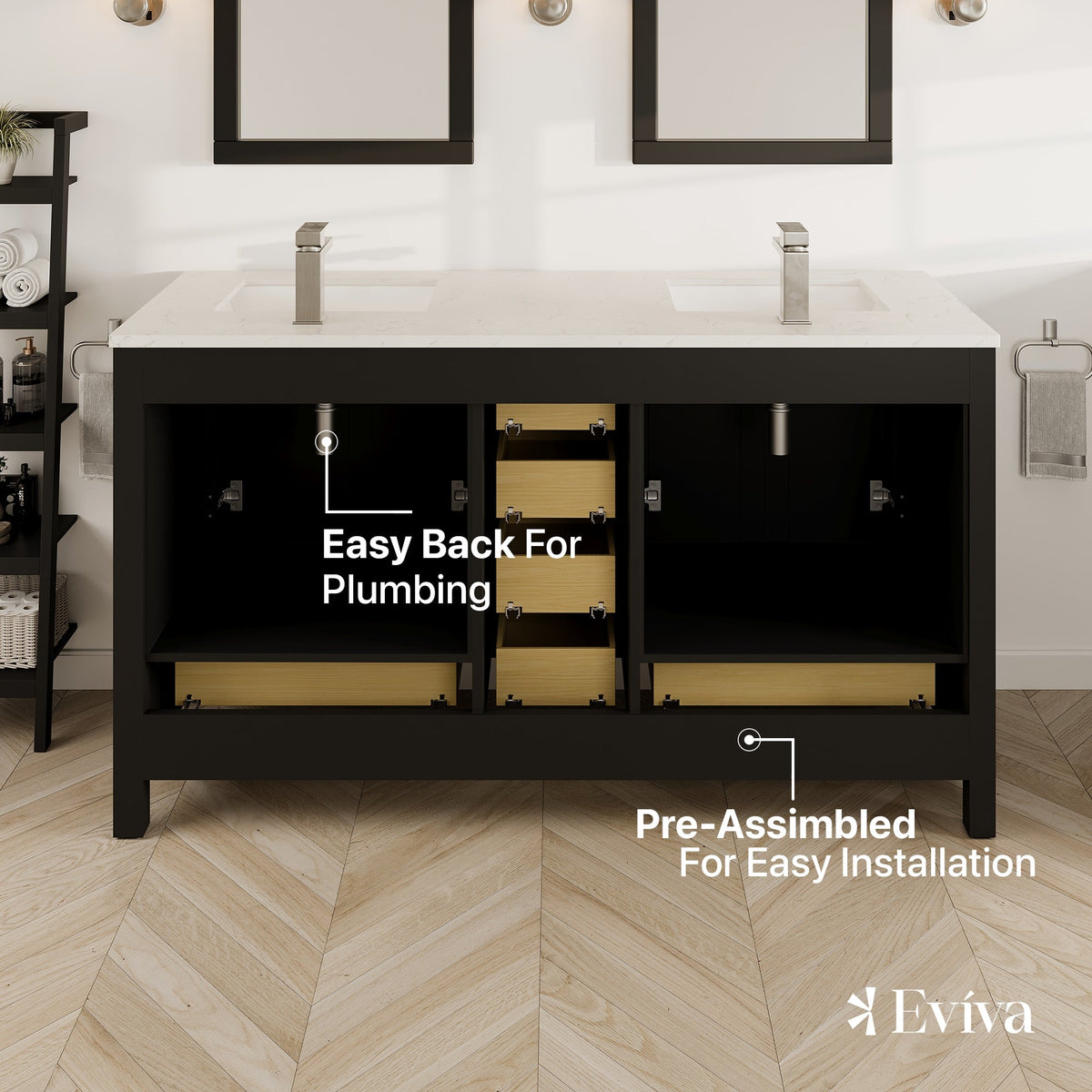 Eviva London 60 in. W x 18 in. D x 34 in. H Espresso Double Bathroom Vanity with White Carrara Marble Top and White Undermount Sinks