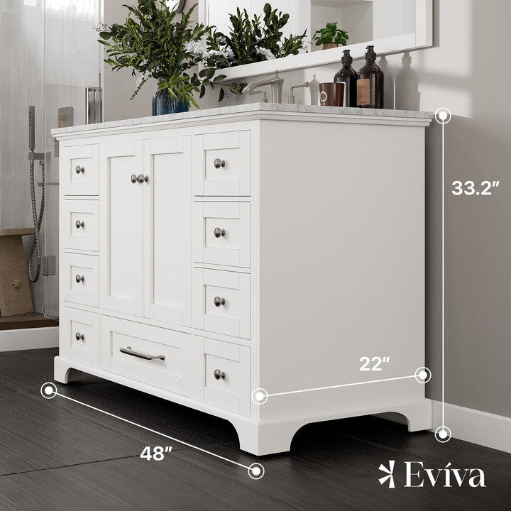 Eviva Frontier 48"W x 22"D White Bathroom Vanity with White Carrara Marble Countertop and Undermount Porcelain Sink