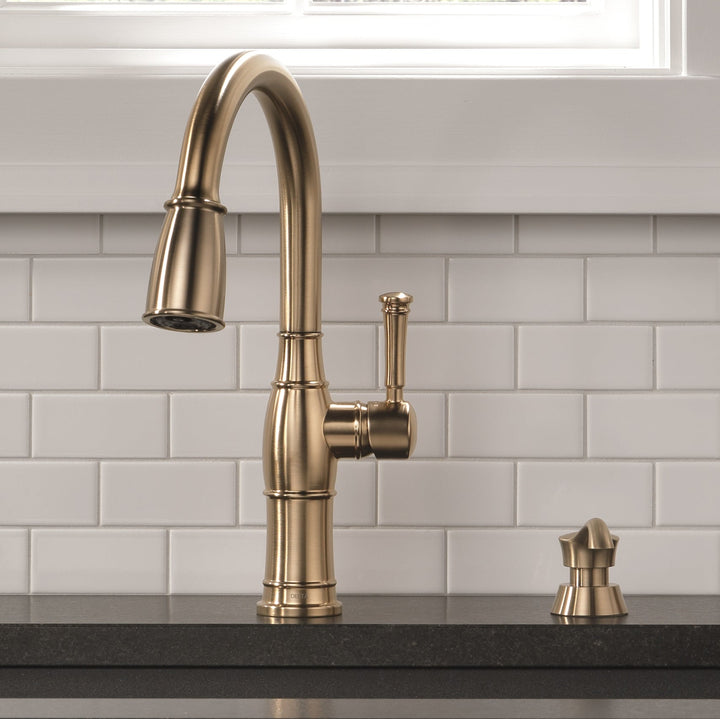 Delta Valdosta 1-Handle Deck-Mount Pull-Down Kitchen Faucet with Deck Plate and Soap Dispenser, Champagne Bronze