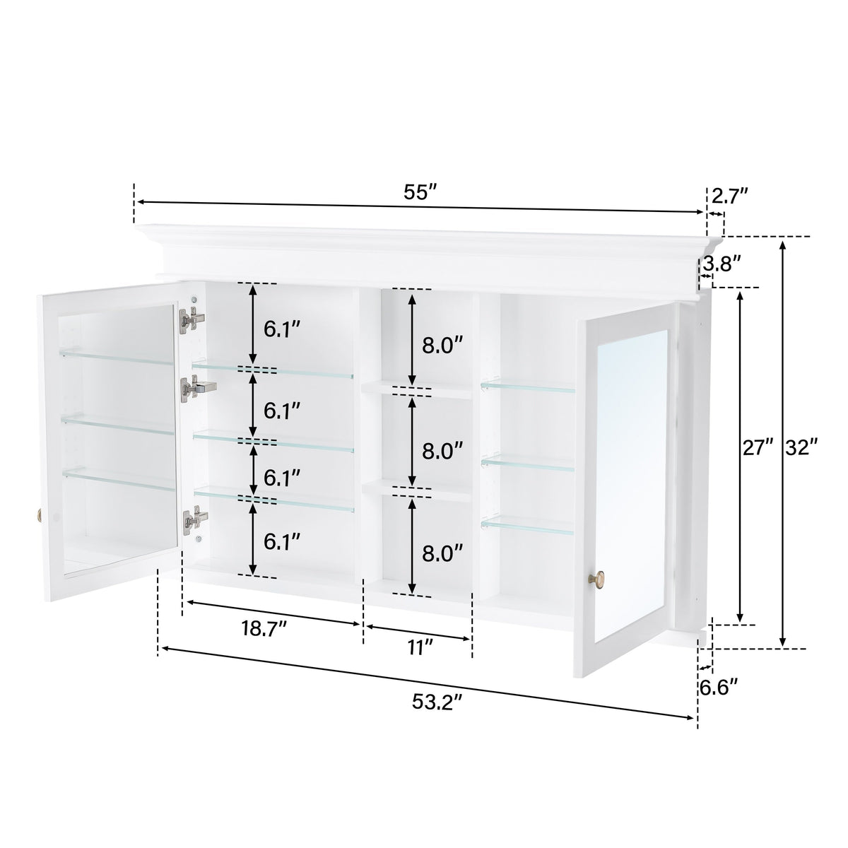 WELLFOR GRACE Solid Wood 55-in x 32-in Recessed Mount White Mirrored Soft Close Medicine Cabinet