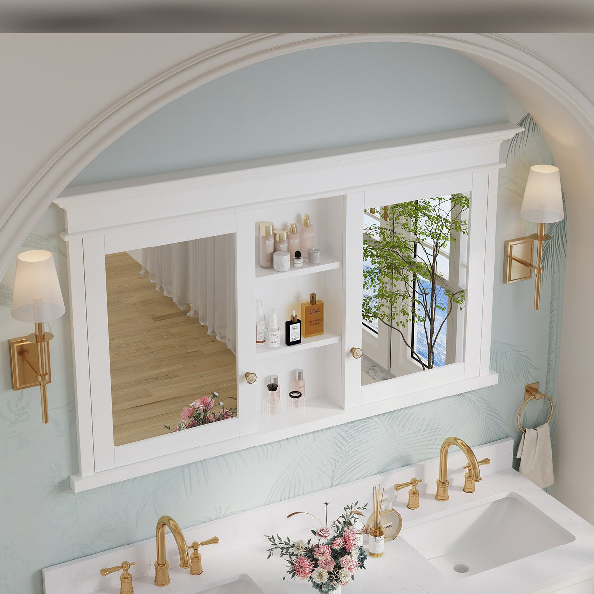 WELLFOR GRACE Solid Wood 55-in x 32-in Recessed Mount White Mirrored Soft Close Medicine Cabinet