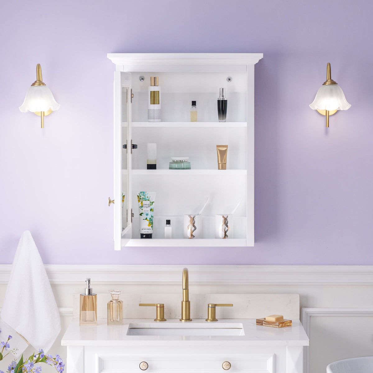 WELLFOR GRACE Solid Wood 24-in x 30-in Surface Mount White Mirrored Soft Close Medicine Cabinet
