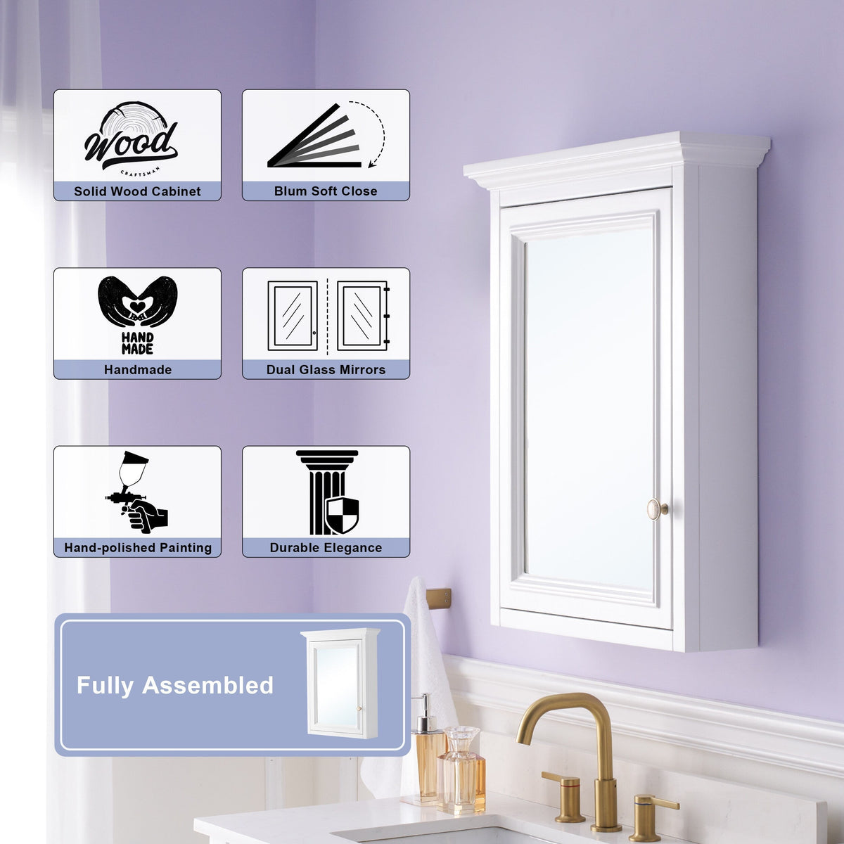 WELLFOR GRACE Solid Wood 24-in x 30-in Surface Mount White Mirrored Soft Close Medicine Cabinet