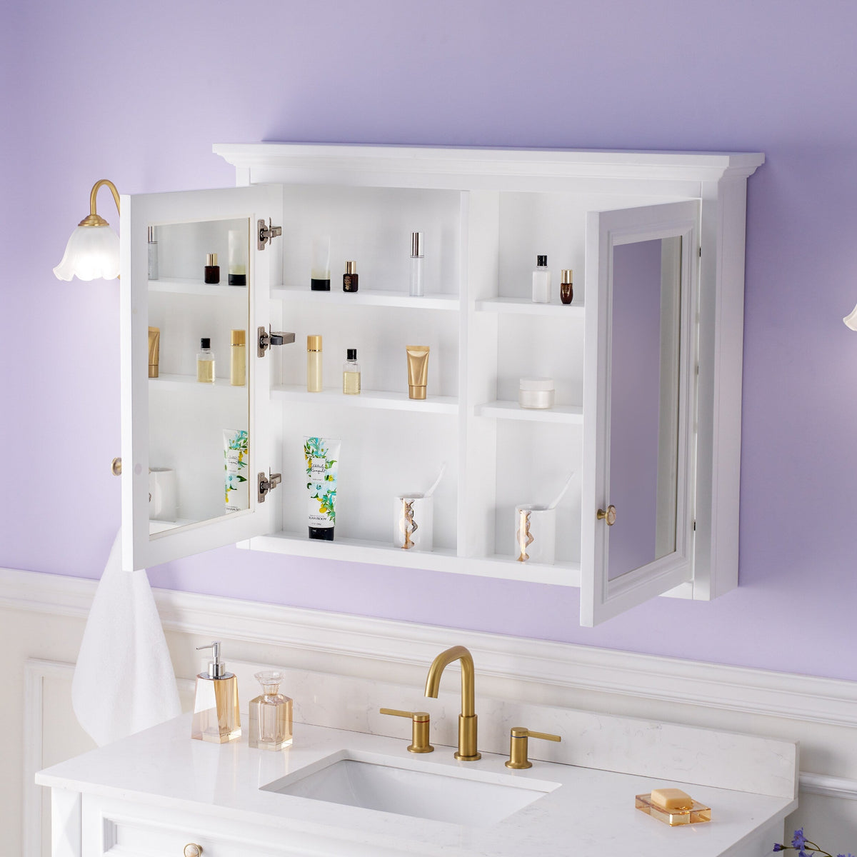 WELLFOR GRACE Solid Wood 40-in x 30-in Surface Mount White Mirrored Soft Close Medicine Cabinet
