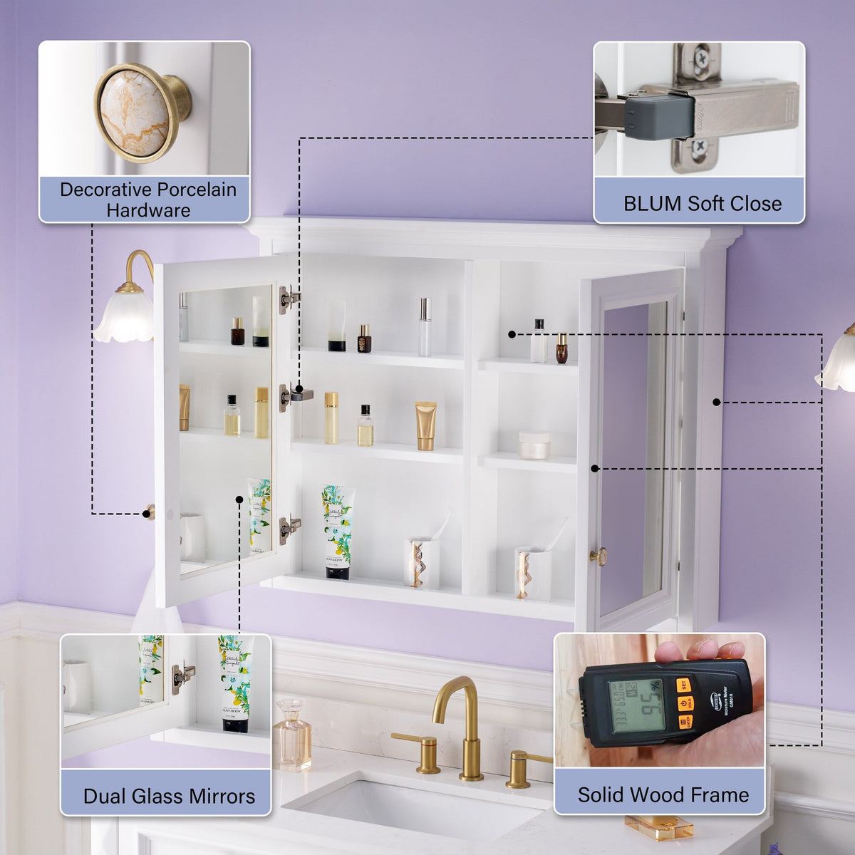 WELLFOR GRACE Solid Wood 40-in x 30-in Surface Mount White Mirrored Soft Close Medicine Cabinet
