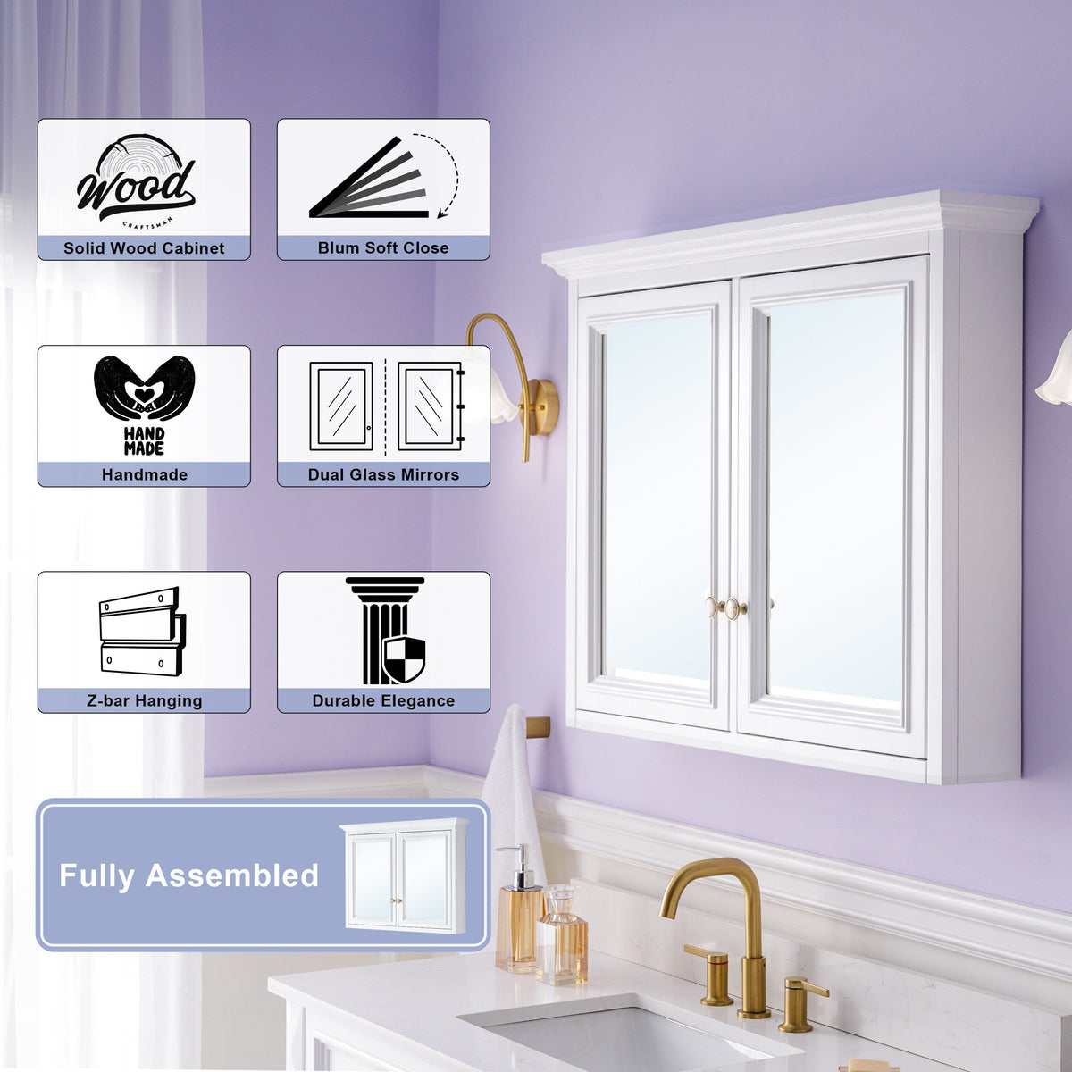 WELLFOR GRACE Solid Wood 40-in x 30-in Surface Mount White Mirrored Soft Close Medicine Cabinet