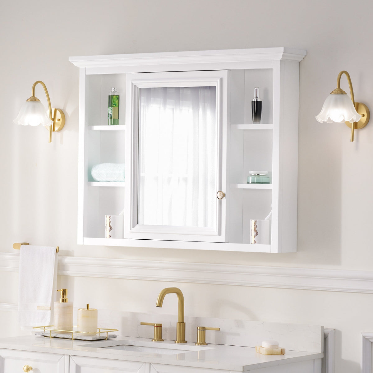 WELLFOR GRACE Solid Wood 40-in x 30-in Surface Mount White Mirrored Soft Close Medicine Cabinet
