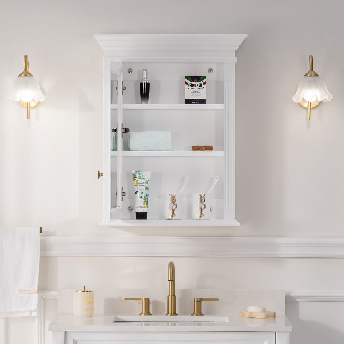 WELLFOR GRACE Solid Wood 24-in x 30-in Surface Mount White Mirrored Soft Close Medicine Cabinet