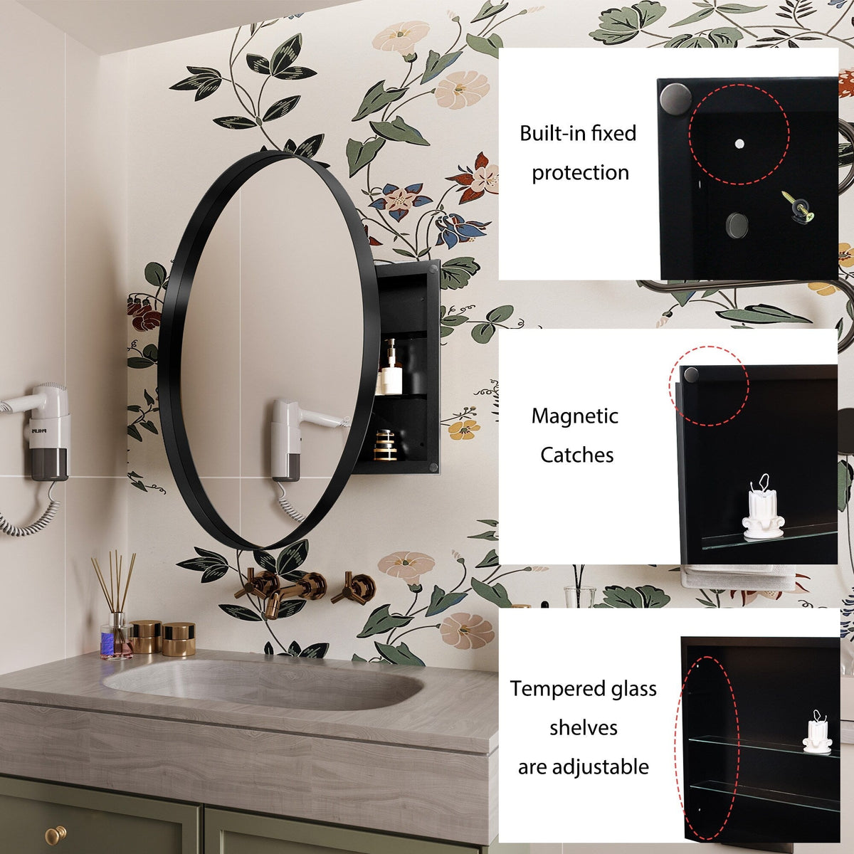 WELLFOR FS 31.5-in x 31.5-in Recessed Mount Black Mirrored Round Soft Close Medicine Cabinet