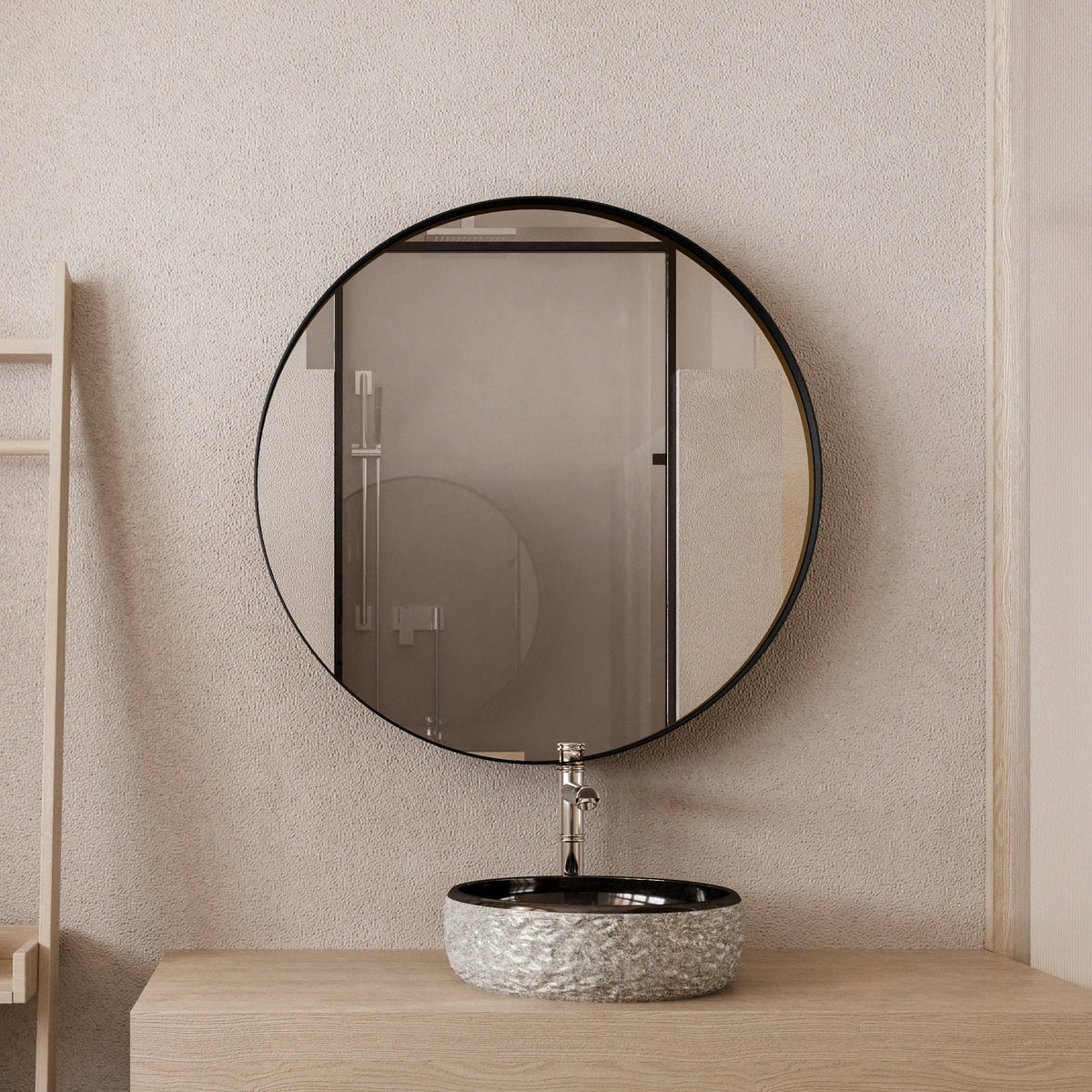 WELLFOR 31.5-in x 31.5-in Recessed Mount Matte Black Mirrored Round Medicine Cabinet