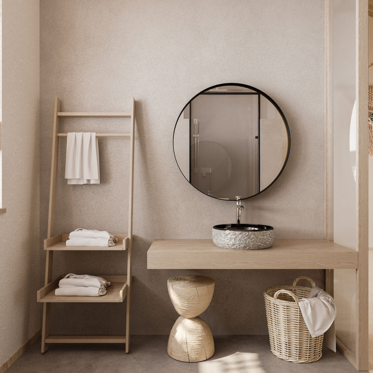 WELLFOR 31.5-in x 31.5-in Recessed Mount Matte Black Mirrored Round Medicine Cabinet