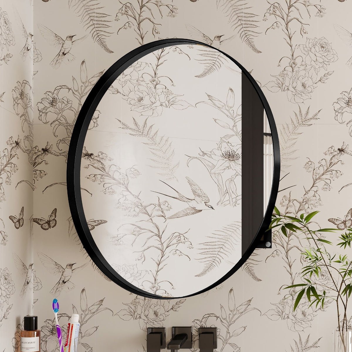 WELLFOR 31.5-in x 31.5-in Recessed Mount Matte Black Mirrored Round Medicine Cabinet