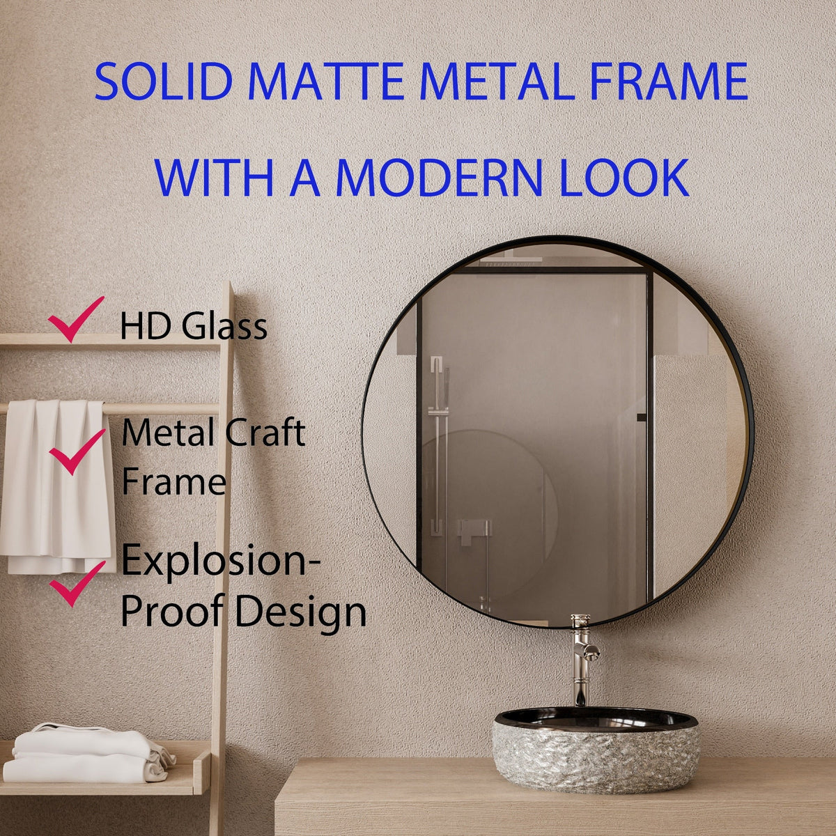 WELLFOR 31.5-in x 31.5-in Recessed Mount Matte Black Mirrored Round Medicine Cabinet