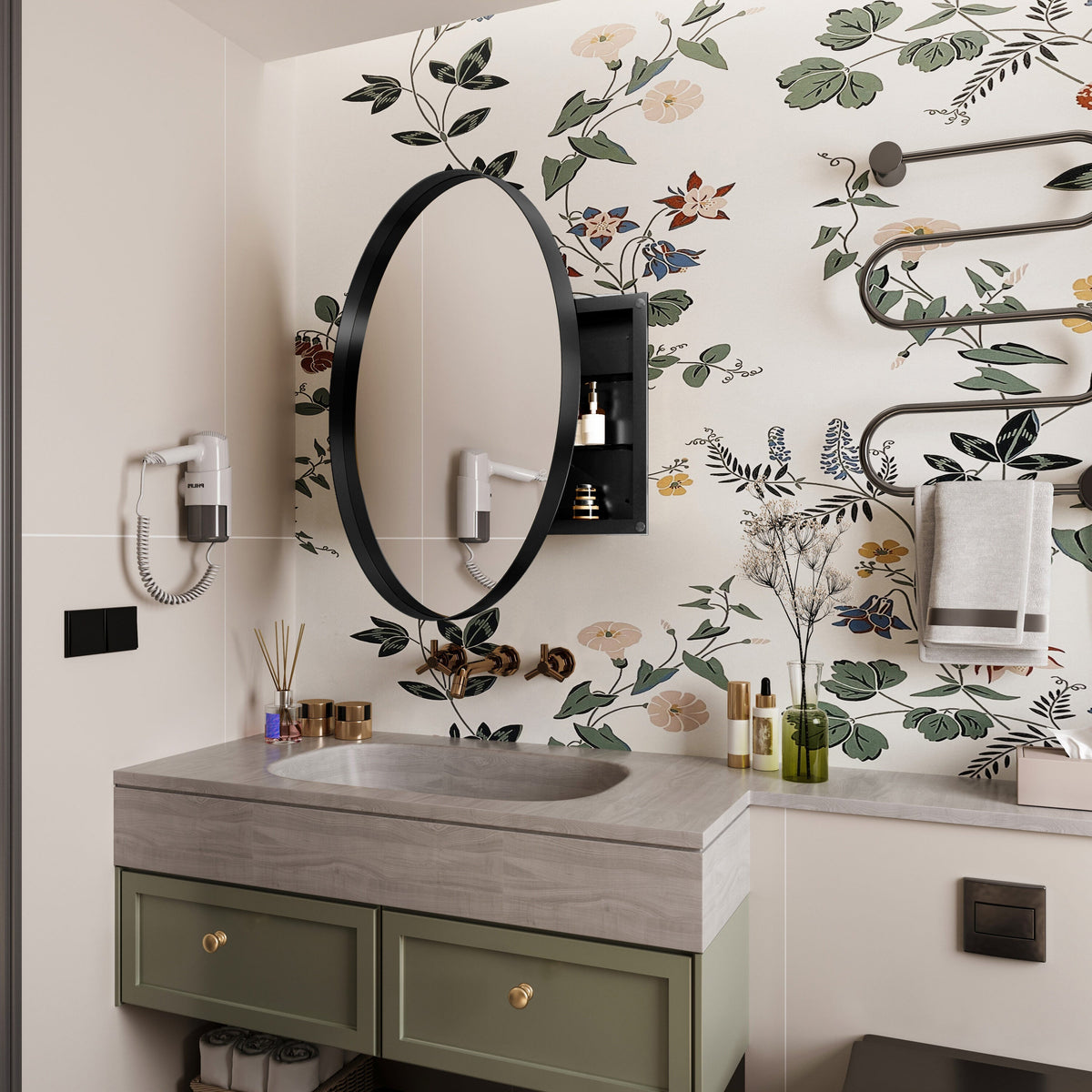 WELLFOR FS 31.5-in x 31.5-in Recessed Mount Black Mirrored Round Soft Close Medicine Cabinet