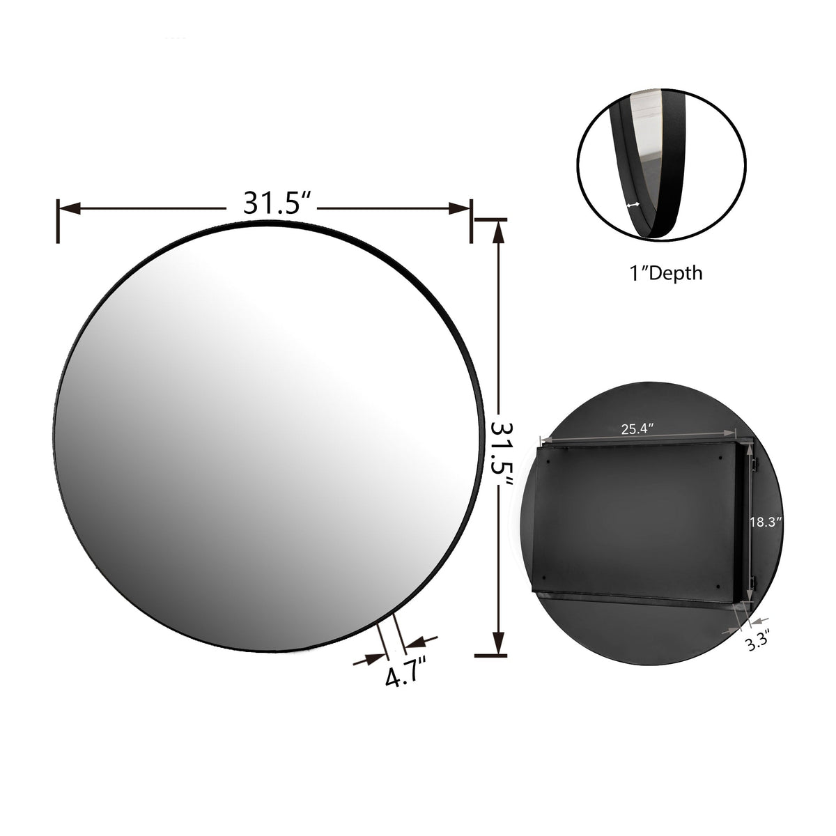 WELLFOR FS 31.5-in x 31.5-in Recessed Mount Black Mirrored Round Soft Close Medicine Cabinet