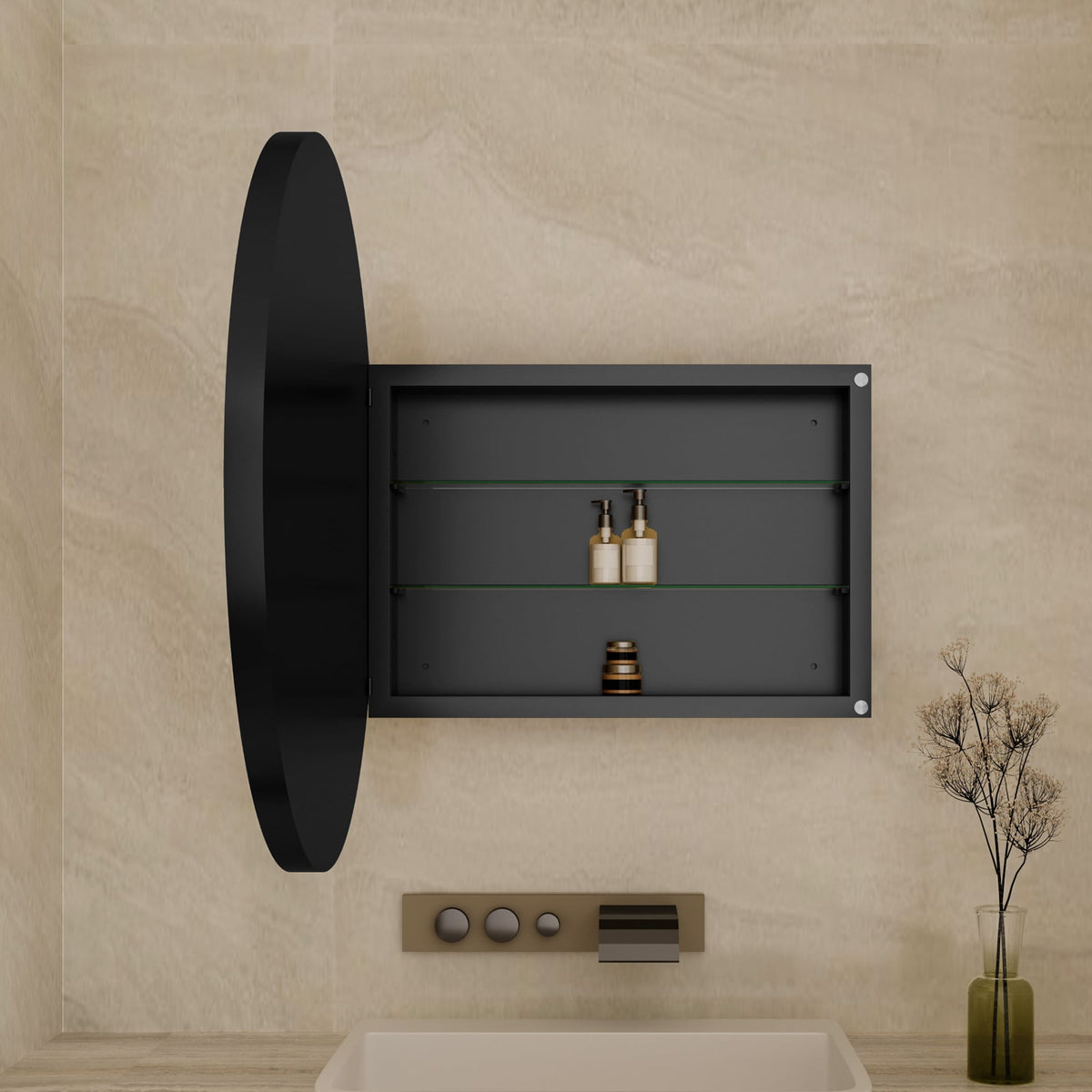 WELLFOR FS 31.5-in x 31.5-in Recessed Mount Black Mirrored Round Soft Close Medicine Cabinet