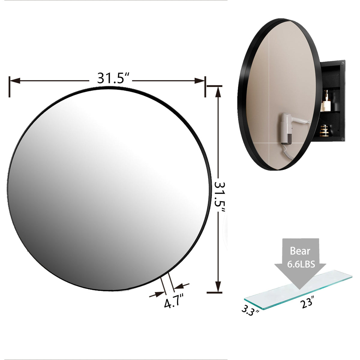 WELLFOR 31.5-in x 31.5-in Recessed Mount Matte Black Mirrored Round Medicine Cabinet