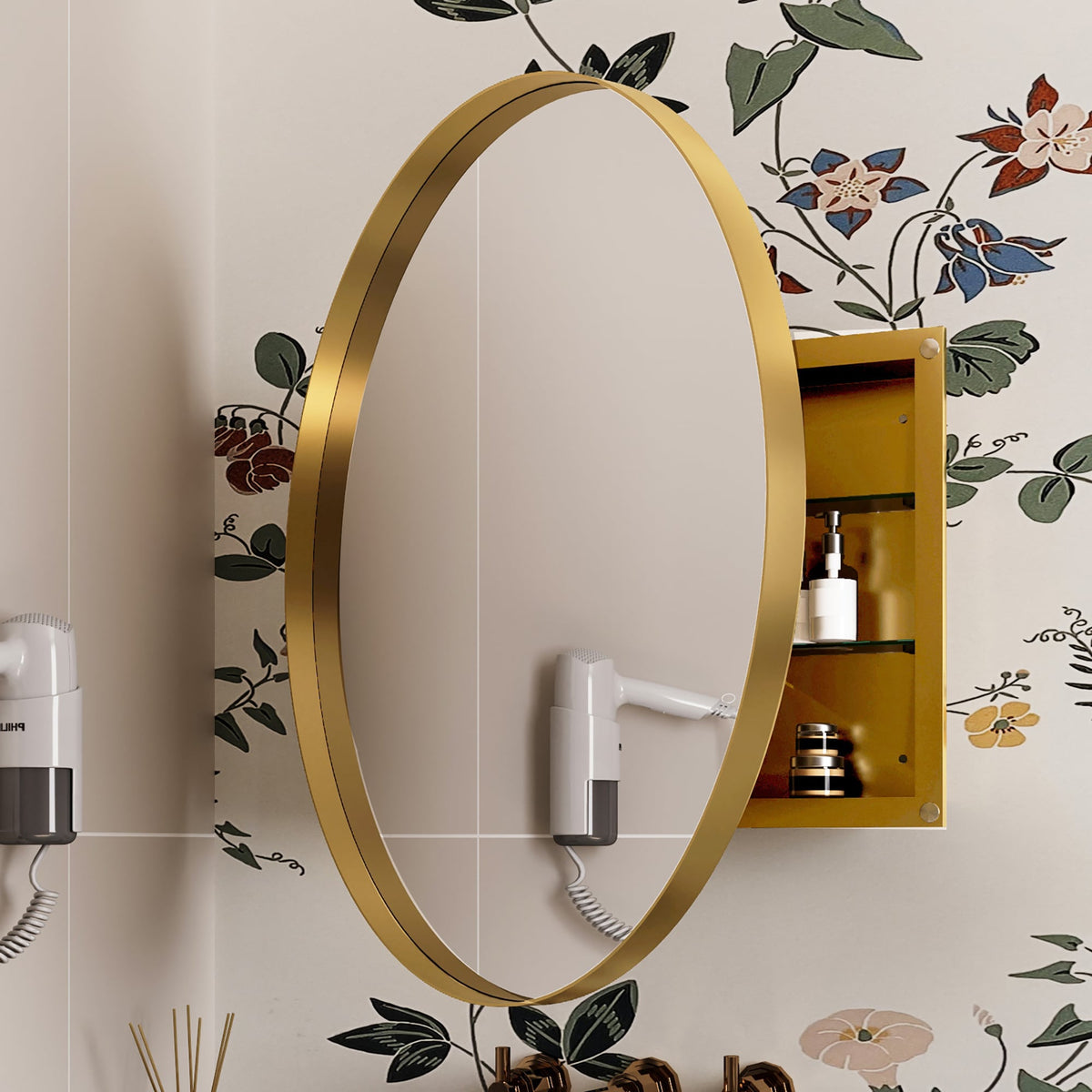 WELLFOR 31.5-in x 31.5-in Recessed Mount Gold Mirrored Round Medicine Cabinet