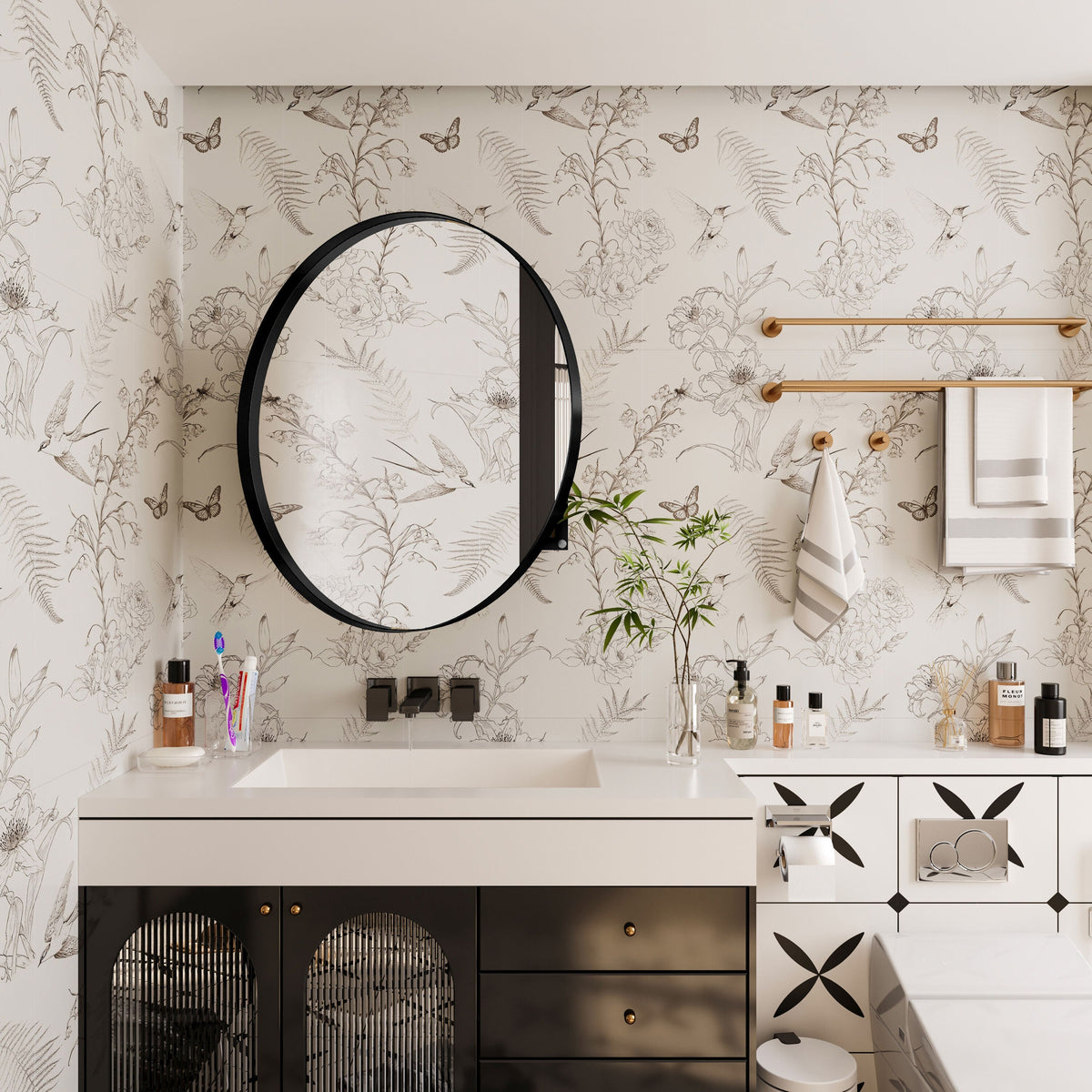 WELLFOR 31.5-in x 31.5-in Recessed Mount Matte Black Mirrored Round Medicine Cabinet