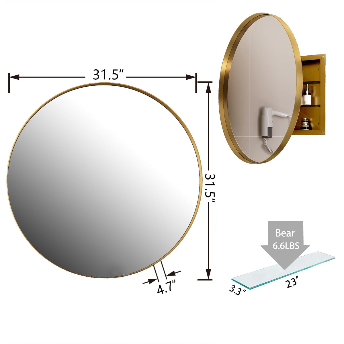 WELLFOR FS 31.5-in x 31.5-in Recessed Mount Gold Mirrored Round Soft Close Medicine Cabinet