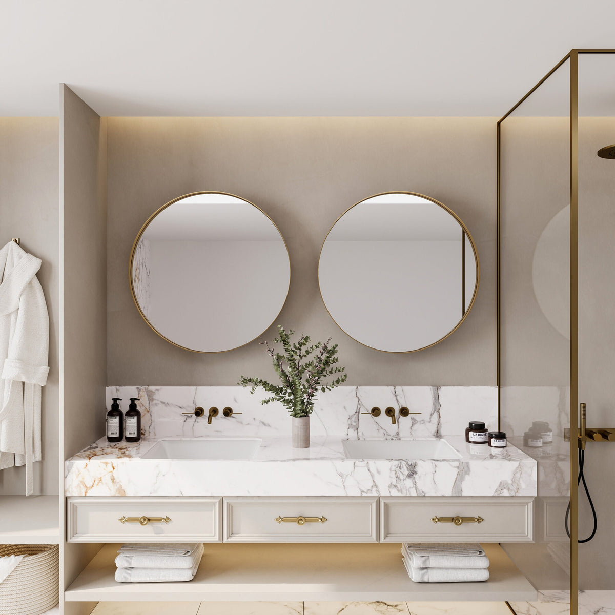 WELLFOR FS 31.5-in x 31.5-in Recessed Mount Gold Mirrored Round Soft Close Medicine Cabinet
