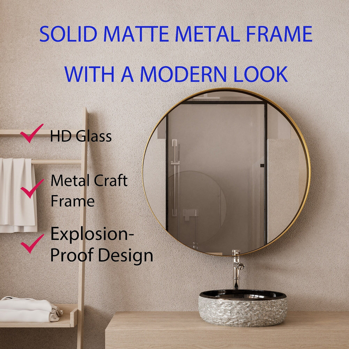 WELLFOR FS 31.5-in x 31.5-in Recessed Mount Gold Mirrored Round Soft Close Medicine Cabinet