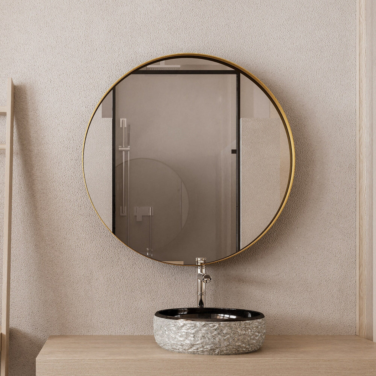 WELLFOR FS 31.5-in x 31.5-in Recessed Mount Gold Mirrored Round Soft Close Medicine Cabinet