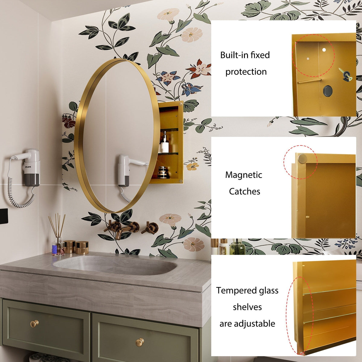 WELLFOR FS 31.5-in x 31.5-in Recessed Mount Gold Mirrored Round Soft Close Medicine Cabinet